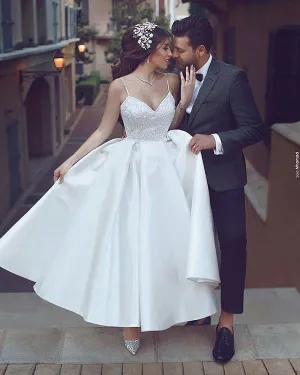 Sexy Spaghetti Straps Satin Wedding Dresses Ball Gown with Lace Appliques Ankle Length