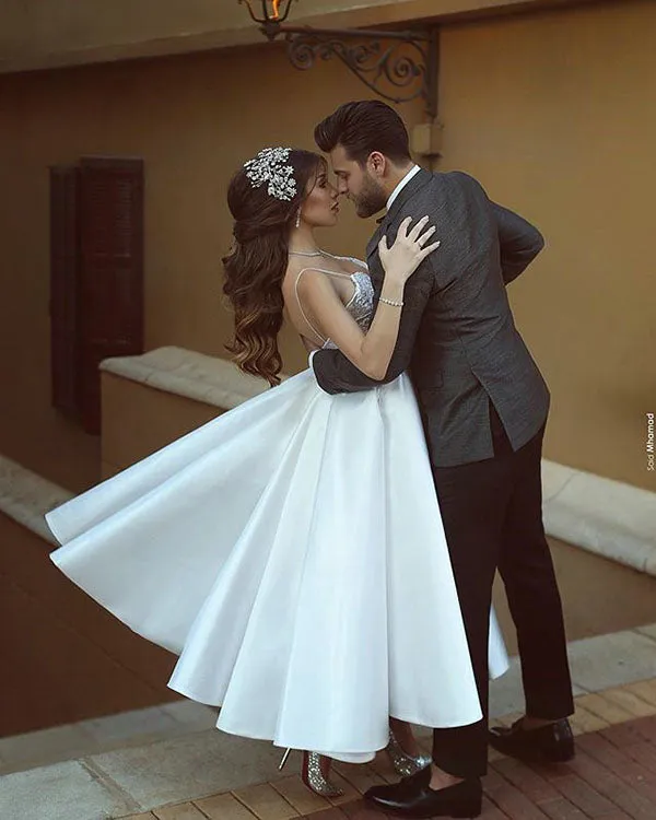 Sexy Spaghetti Straps Satin Wedding Dresses Ball Gown with Lace Appliques Ankle Length