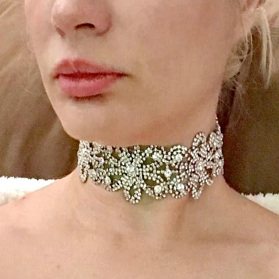 Silver Bridal Diamante Crystal Choker, Vintage Style Rhinestone Diamante Choker, Diamante Choker Necklace