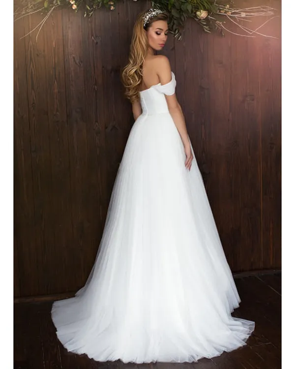 Simple White Tulle Wedding Dresses Off The Shoulder A-line Bridal Dress Floor Length