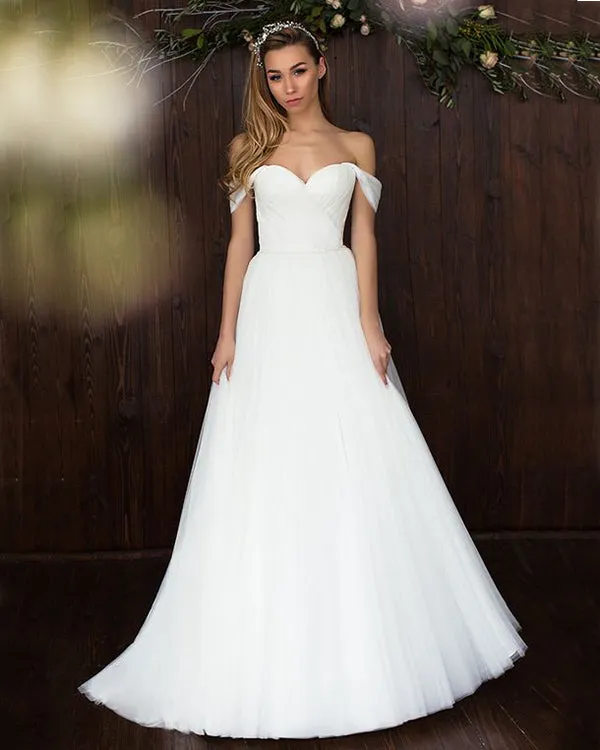 Simple White Tulle Wedding Dresses Off The Shoulder A-line Bridal Dress Floor Length