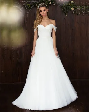 Simple White Tulle Wedding Dresses Off The Shoulder A-line Bridal Dress Floor Length