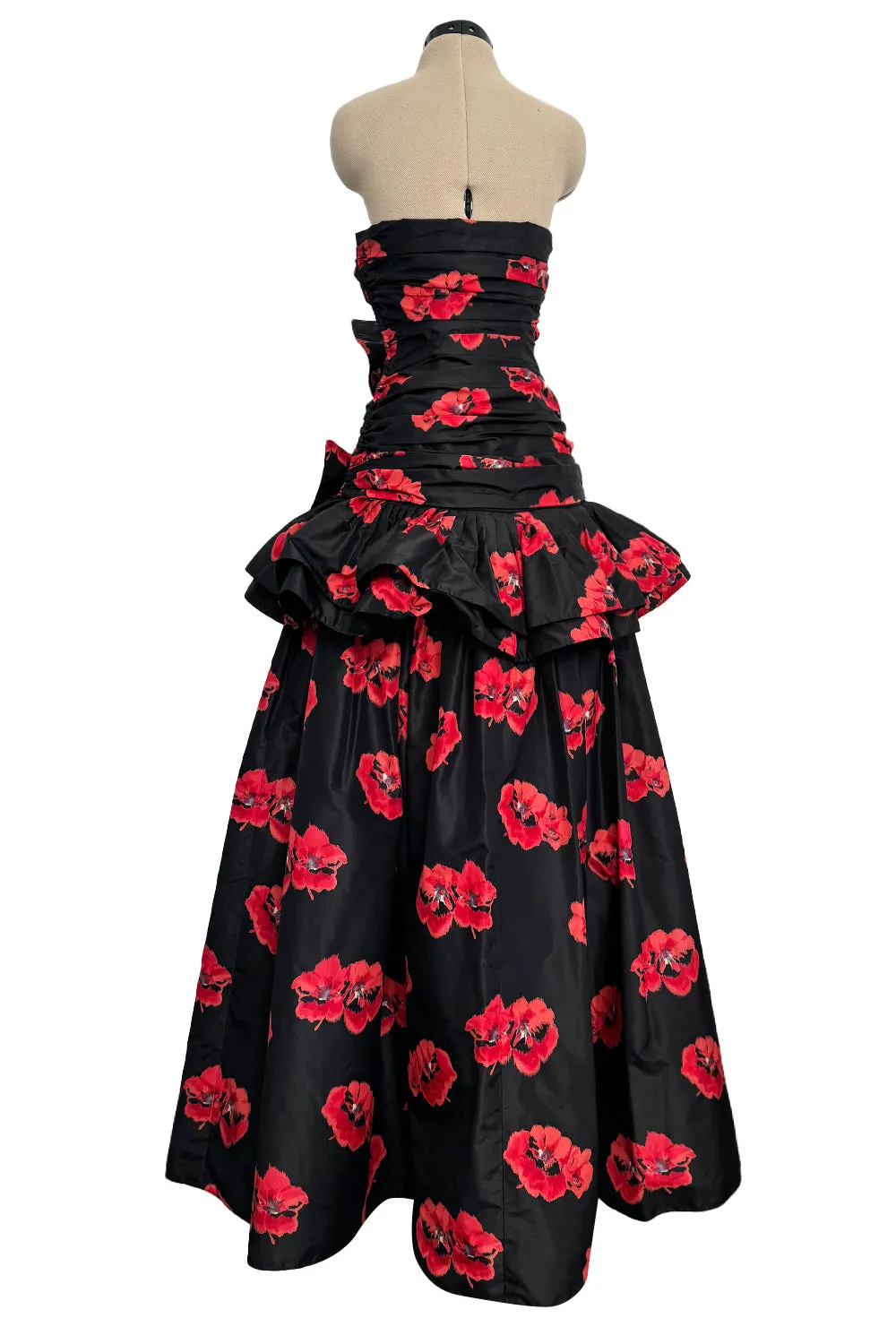 Specatacualr circa 1995 Nina Ricci Demi-Couture Strapless Floral Silk Taffeta Dress w Bow Detailing