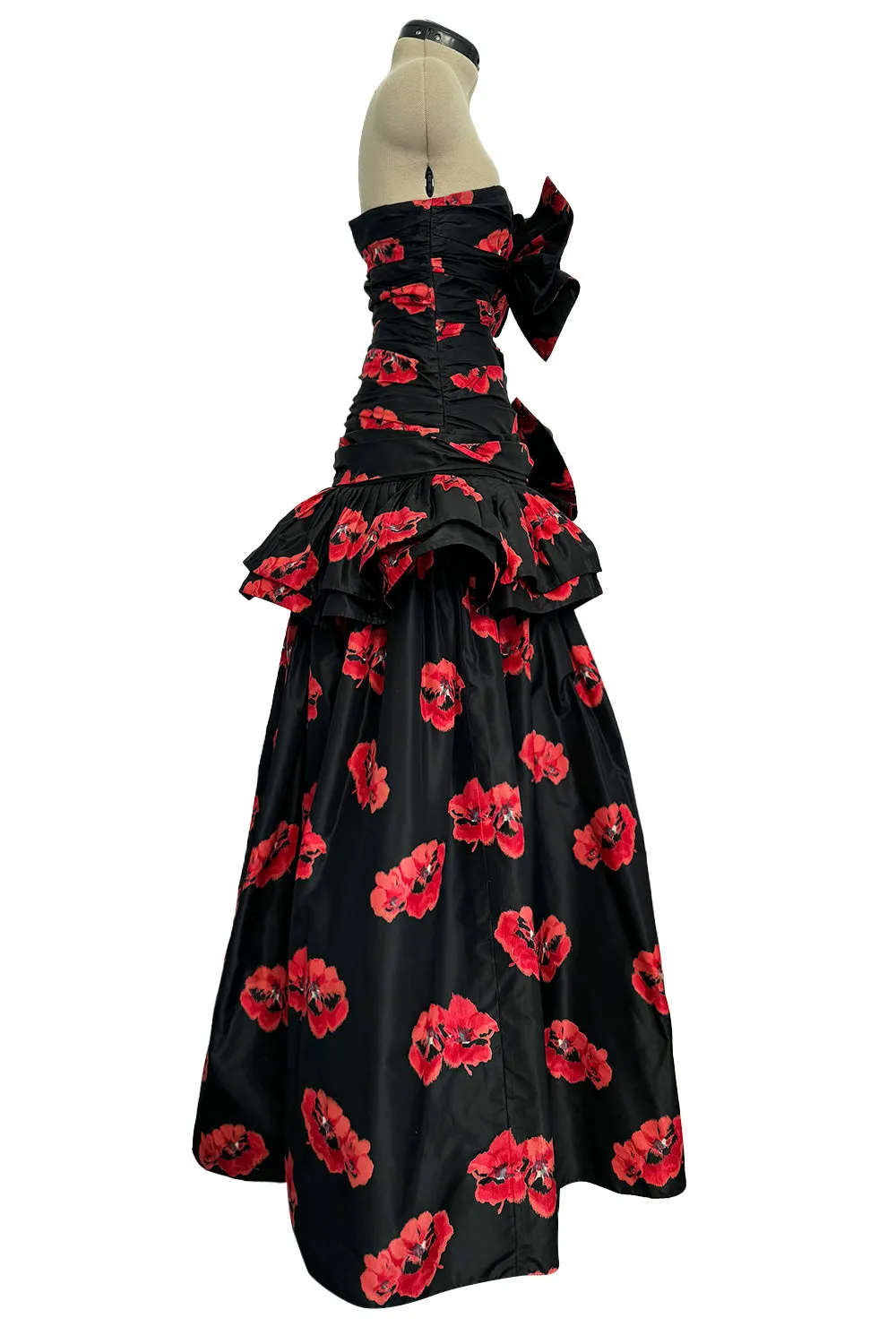Specatacualr circa 1995 Nina Ricci Demi-Couture Strapless Floral Silk Taffeta Dress w Bow Detailing