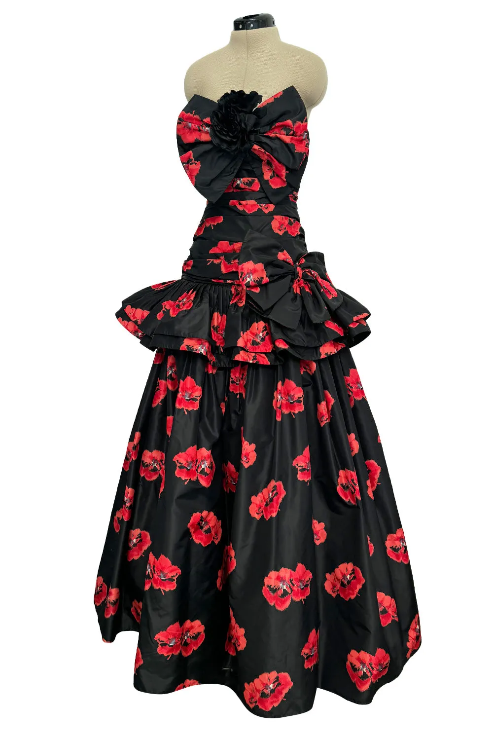 Specatacualr circa 1995 Nina Ricci Demi-Couture Strapless Floral Silk Taffeta Dress w Bow Detailing
