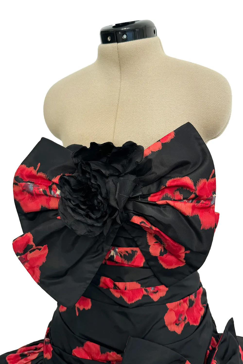 Specatacualr circa 1995 Nina Ricci Demi-Couture Strapless Floral Silk Taffeta Dress w Bow Detailing