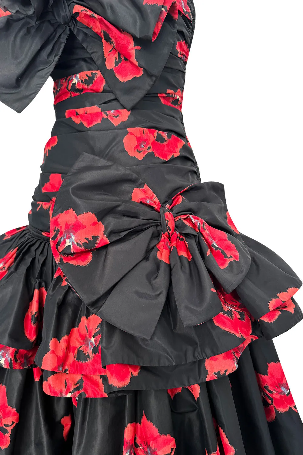 Specatacualr circa 1995 Nina Ricci Demi-Couture Strapless Floral Silk Taffeta Dress w Bow Detailing