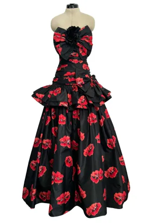Specatacualr circa 1995 Nina Ricci Demi-Couture Strapless Floral Silk Taffeta Dress w Bow Detailing