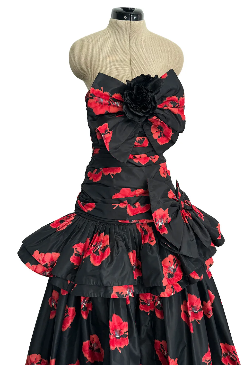 Specatacualr circa 1995 Nina Ricci Demi-Couture Strapless Floral Silk Taffeta Dress w Bow Detailing