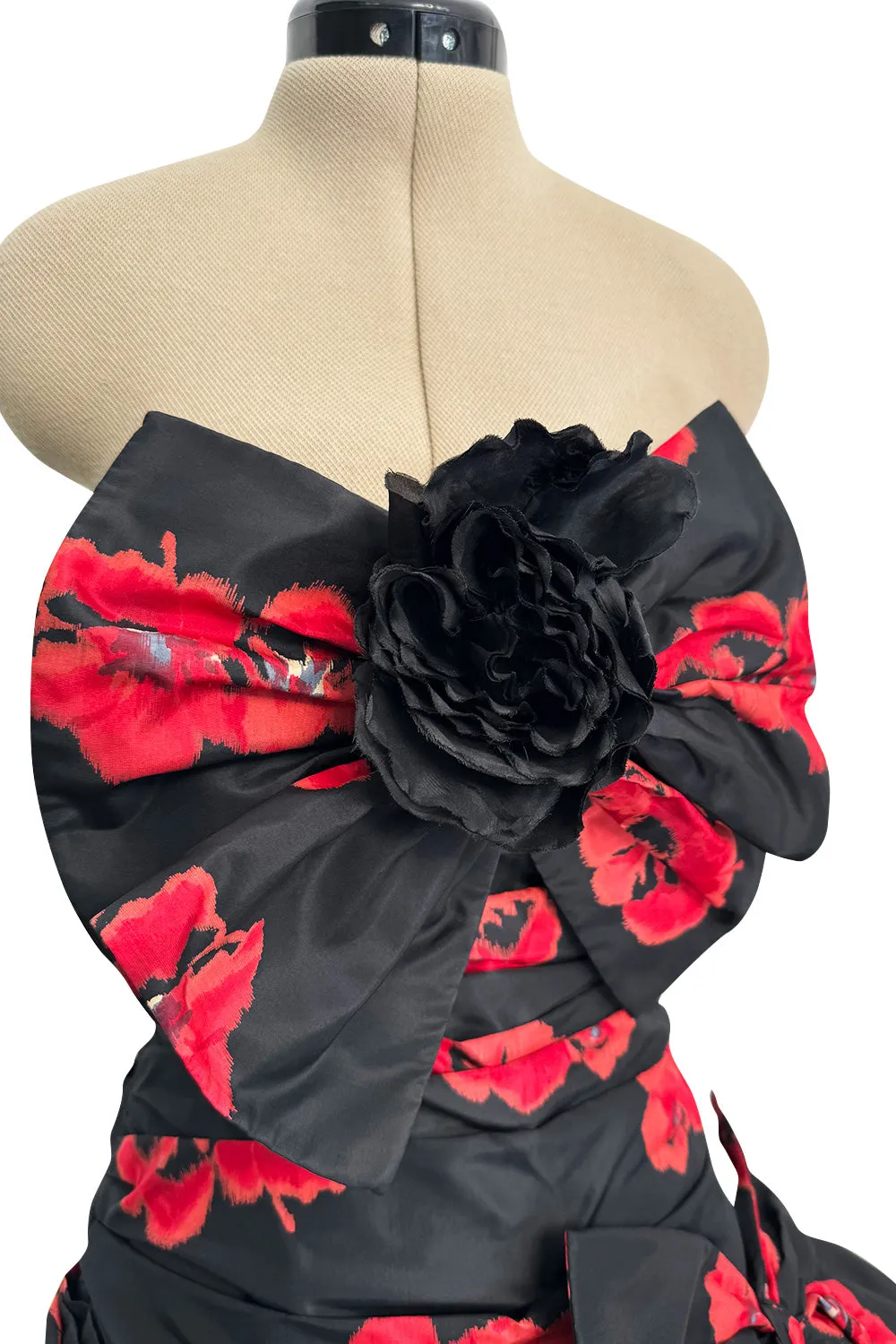 Specatacualr circa 1995 Nina Ricci Demi-Couture Strapless Floral Silk Taffeta Dress w Bow Detailing