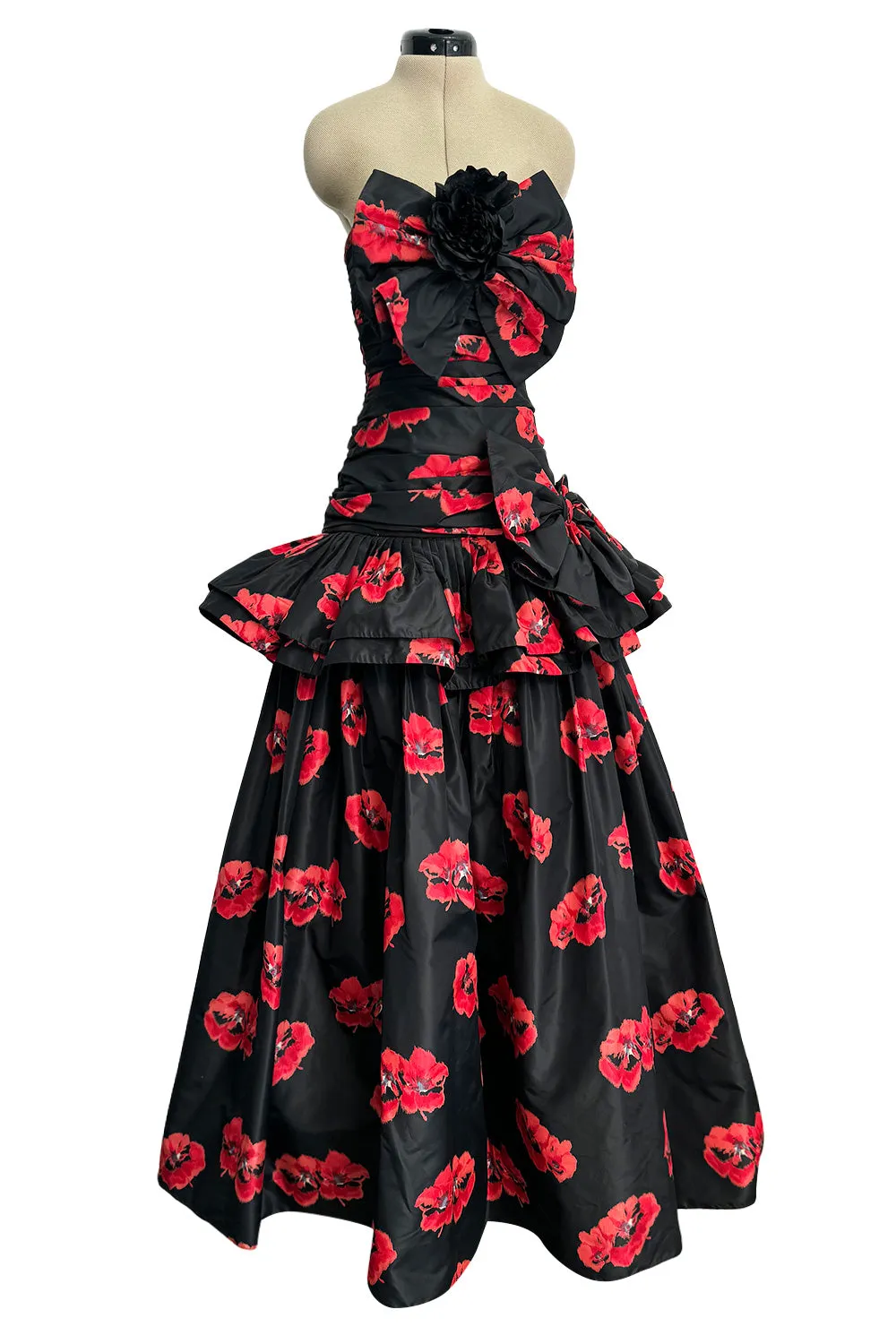 Specatacualr circa 1995 Nina Ricci Demi-Couture Strapless Floral Silk Taffeta Dress w Bow Detailing