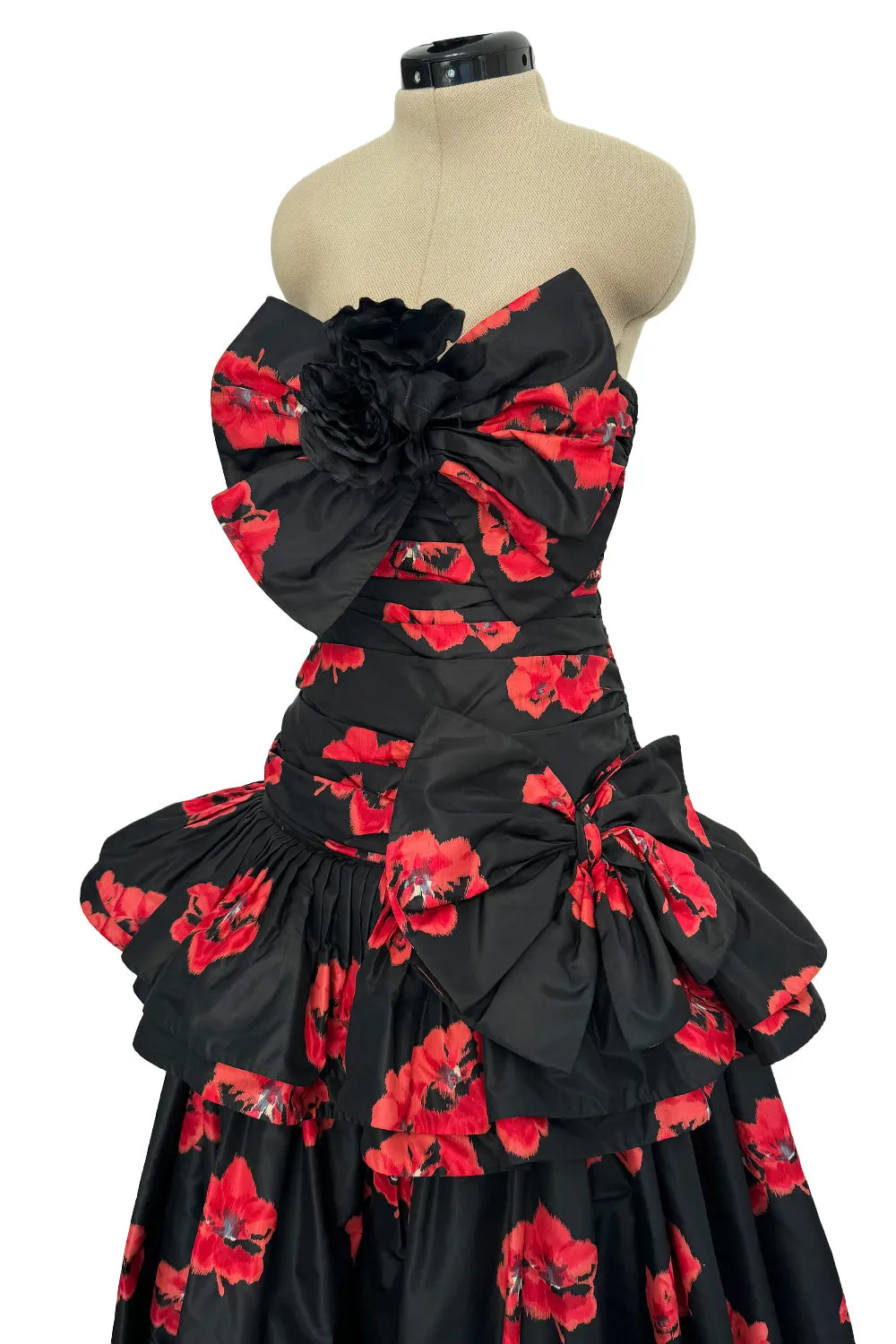 Specatacualr circa 1995 Nina Ricci Demi-Couture Strapless Floral Silk Taffeta Dress w Bow Detailing