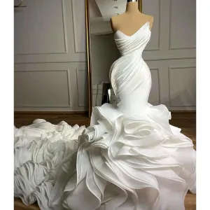 Strapless ruffles wedding dress mermaid for black brides