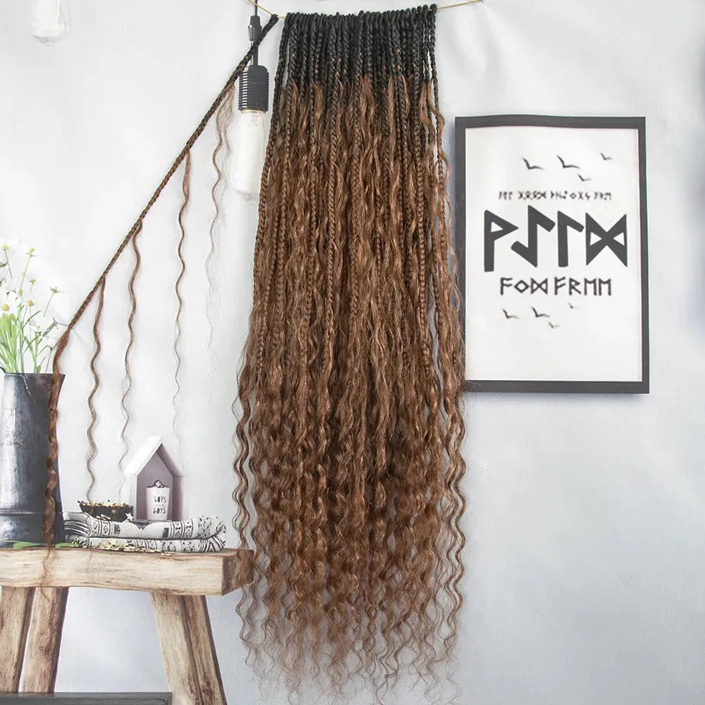 T1B/30 Ombre Brown Crochet Boho Box Braids with Human Hair Curls