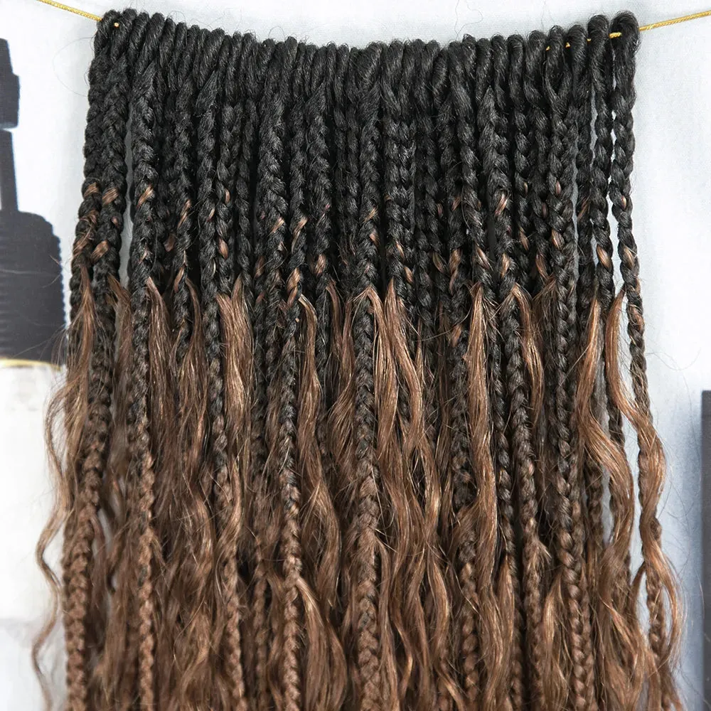 T1B/30 Ombre Brown Crochet Boho Box Braids with Human Hair Curls