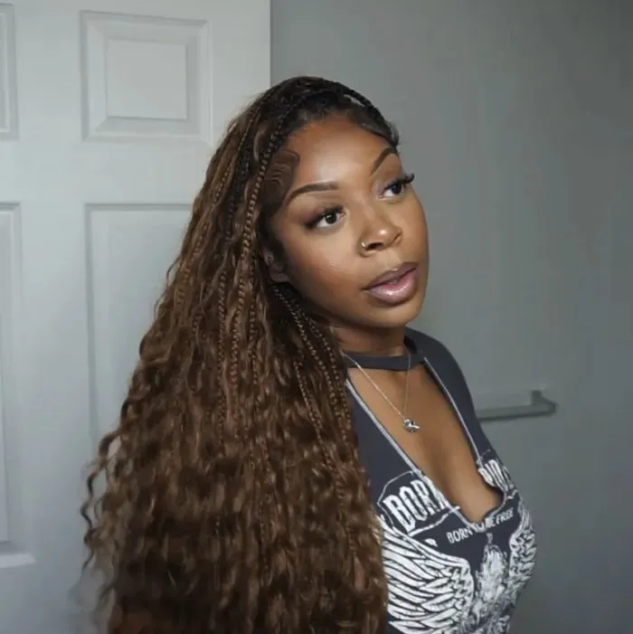 T1B/30 Ombre Brown Crochet Boho Box Braids with Human Hair Curls