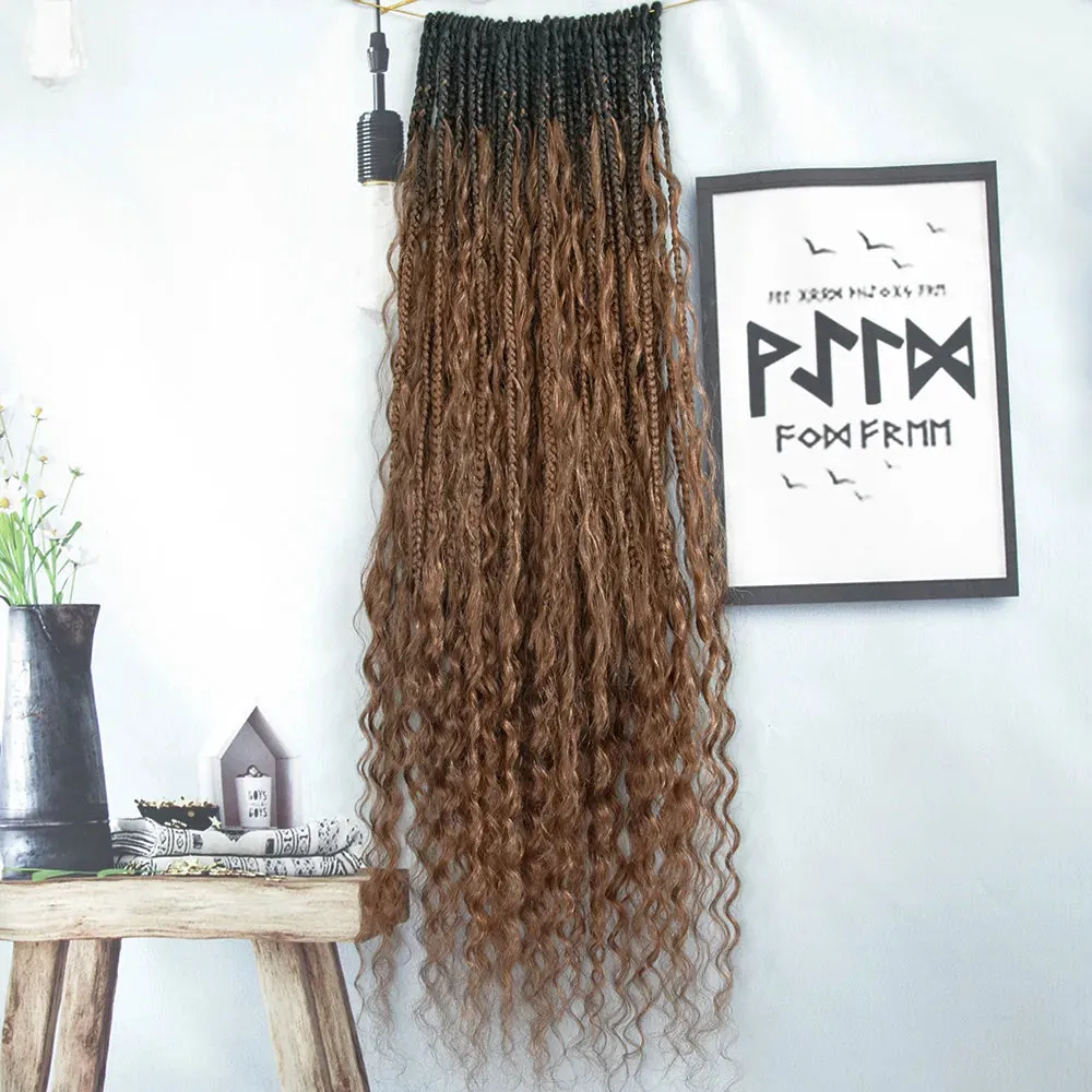 T1B/30 Ombre Brown Crochet Boho Box Braids with Human Hair Curls