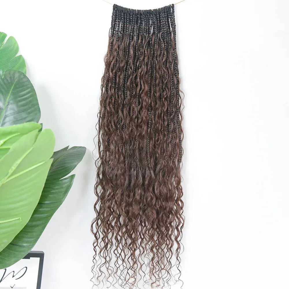 T1B/4 Ombre Brown Crochet Boho Box Braids with Human Hair Curls