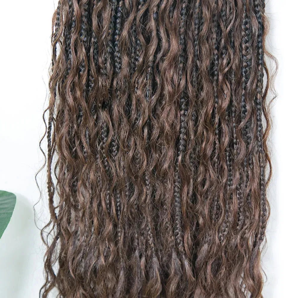 T1B/4 Ombre Brown Crochet Boho Box Braids with Human Hair Curls