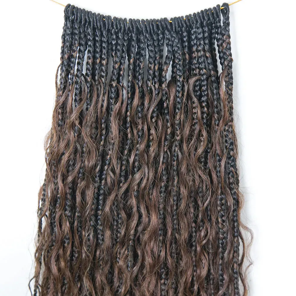 T1B/4 Ombre Brown Crochet Boho Box Braids with Human Hair Curls