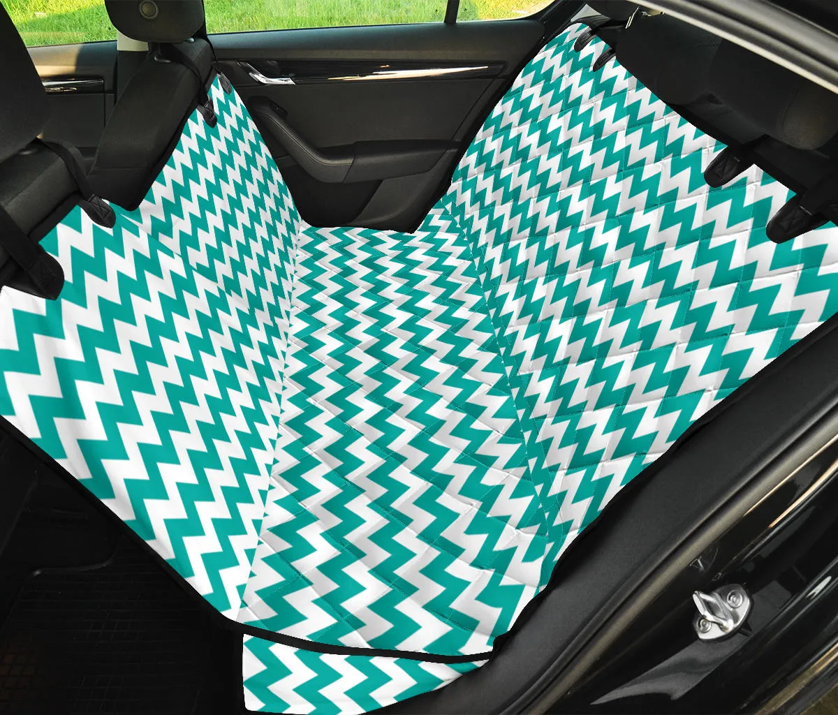 Teal and White Chevron Pet Seat Cover Back Bench Protector