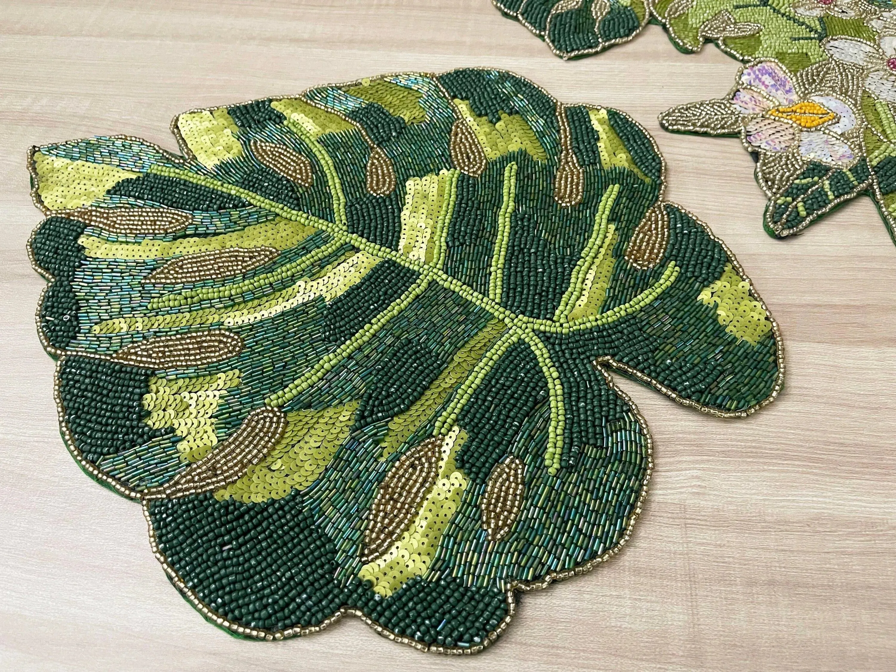Tropical Leaf and Flower Beaded Table Runner