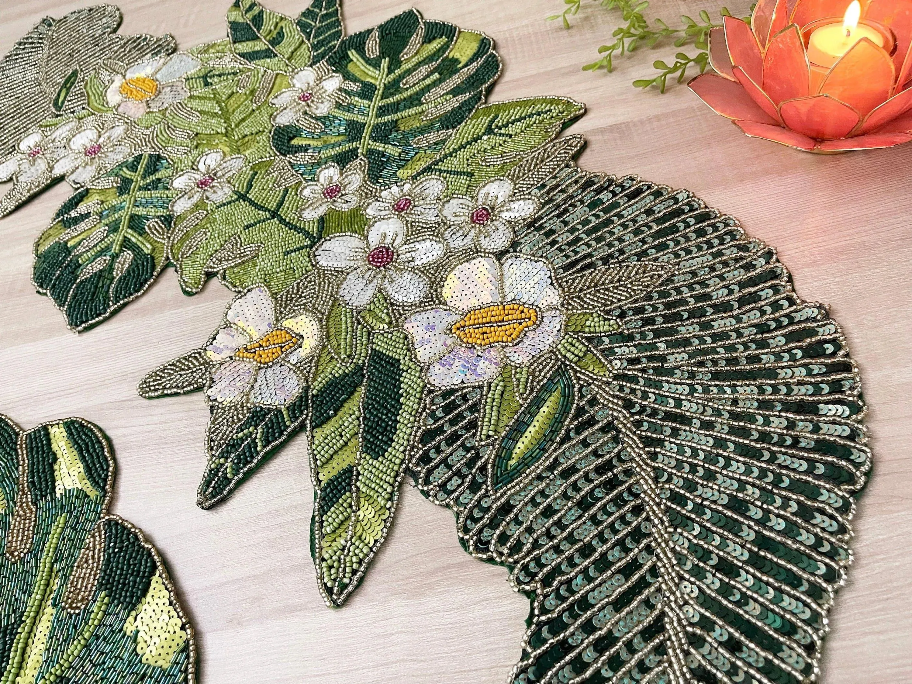 Tropical Leaf and Flower Beaded Table Runner