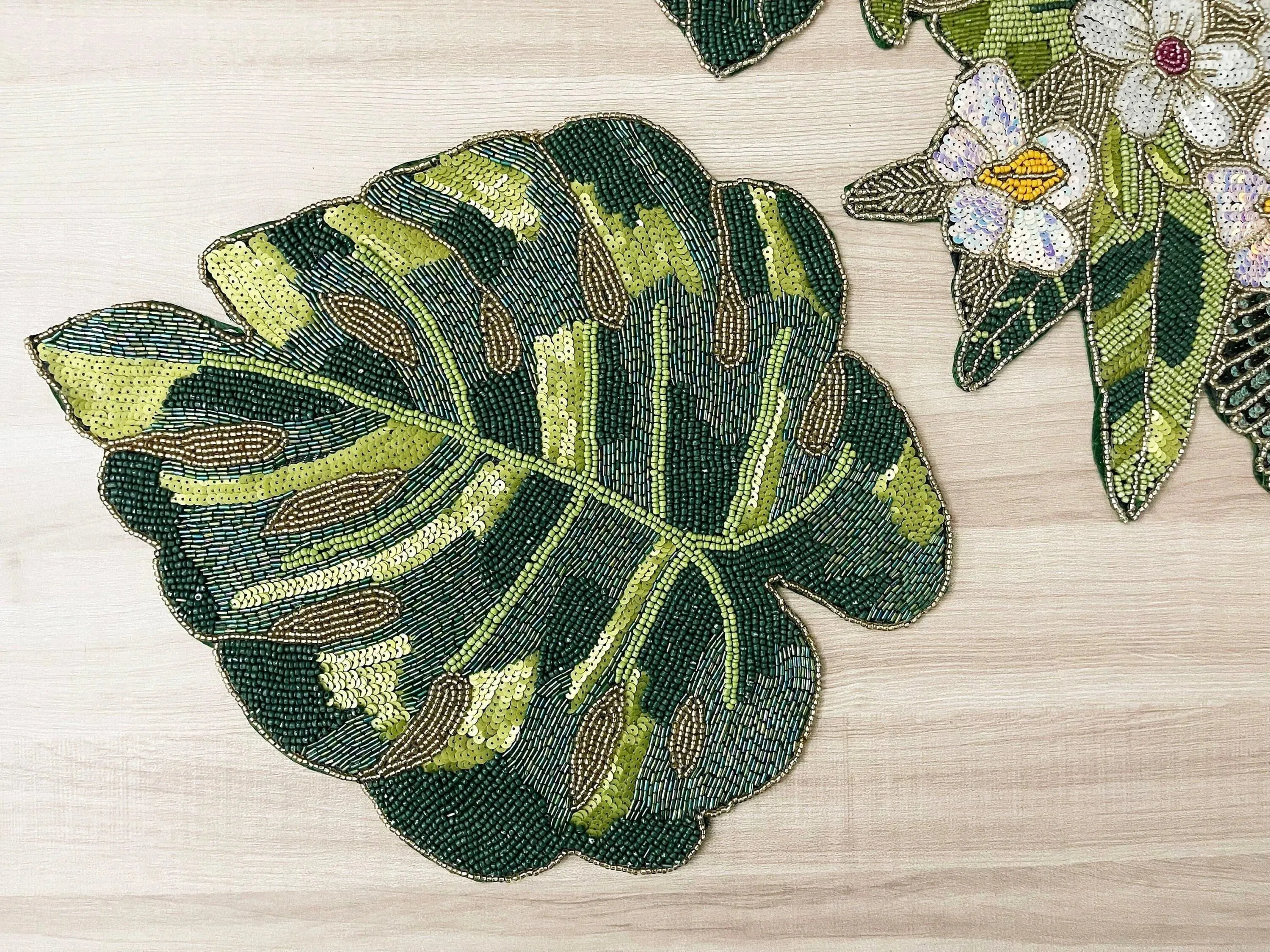 Tropical Leaf and Flower Beaded Table Runner