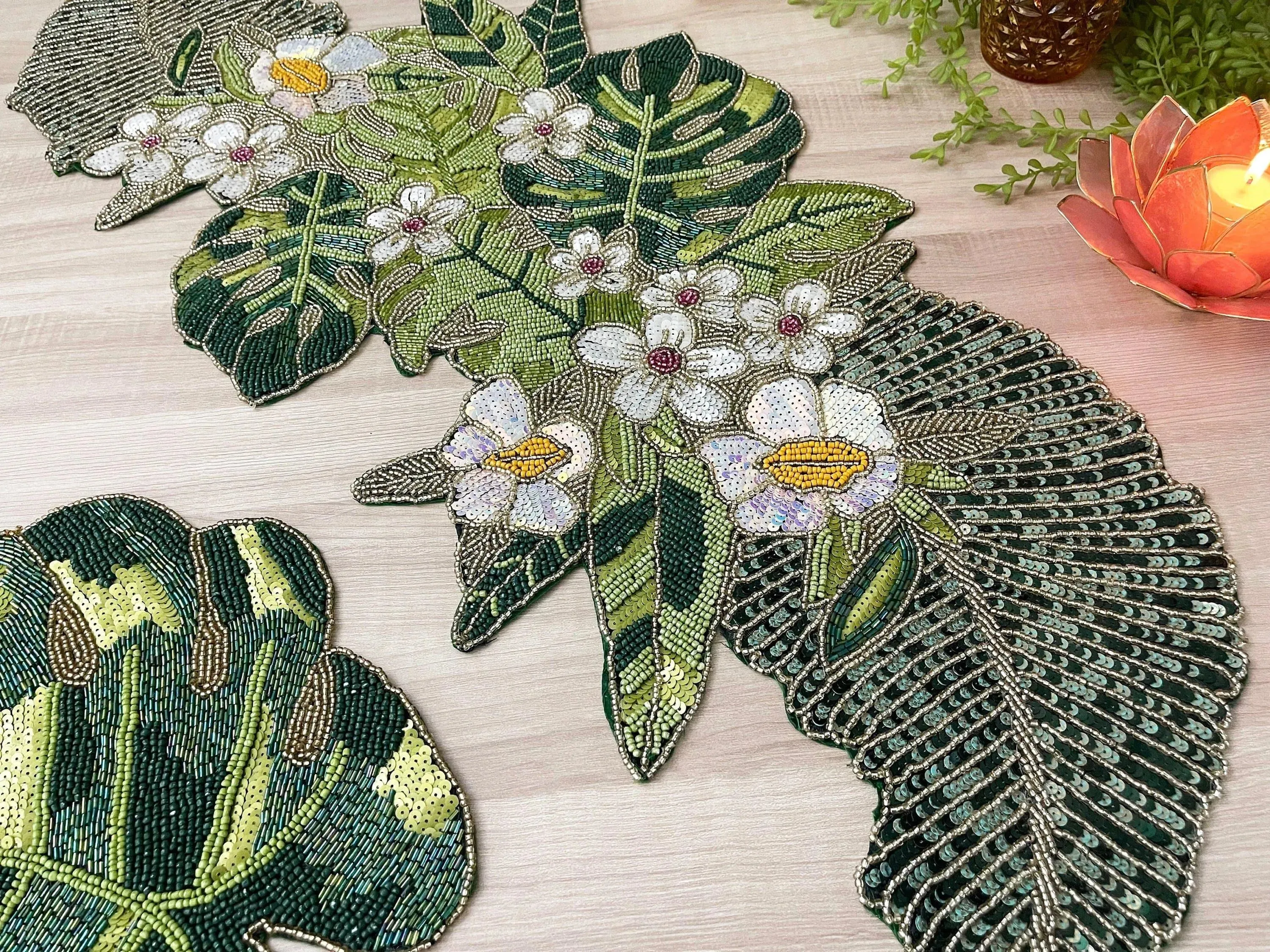 Tropical Leaf and Flower Beaded Table Runner