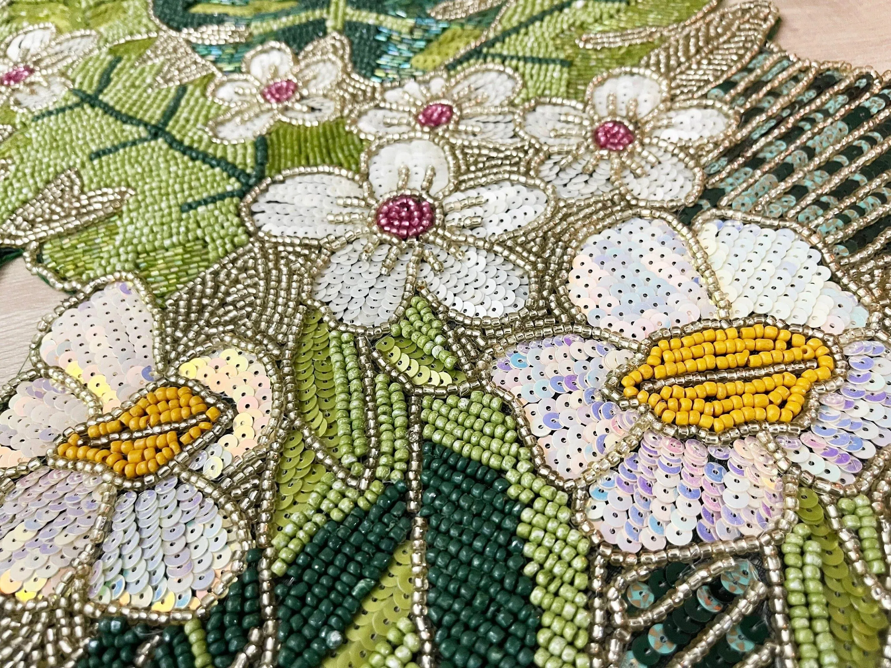 Tropical Leaf and Flower Beaded Table Runner