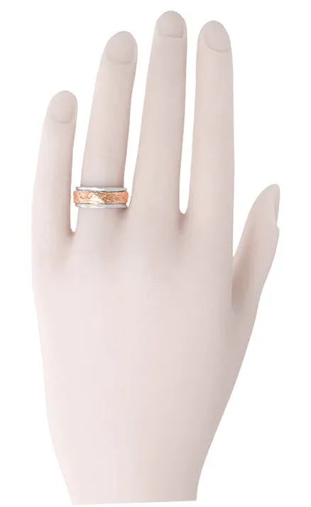 Two Tone Antique Style Art Nouveau Sculptural Wide Wedding Band in 14 Karat White and Rose Gold