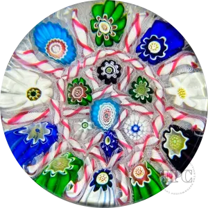 Uncommon Antique Clichy Glass Art Paperweight Millefiori Chequer With Red & White Barber Pole Twists