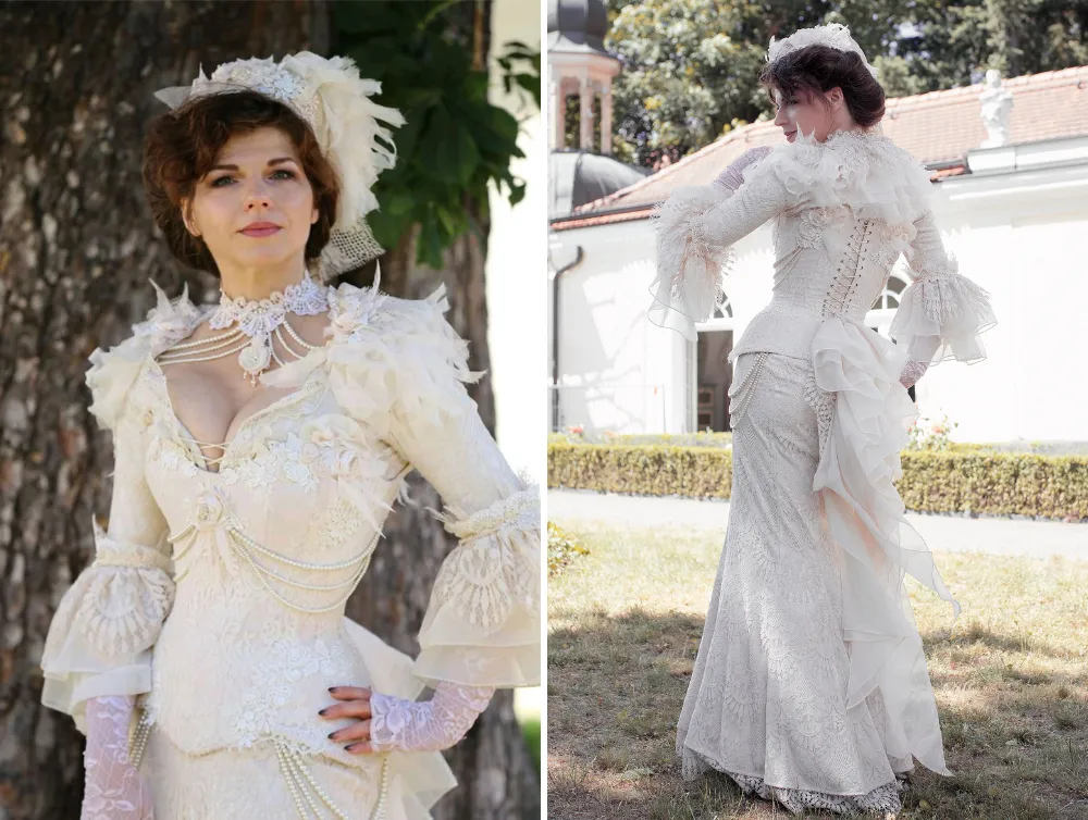 Victorian vintage white wedding satin dress