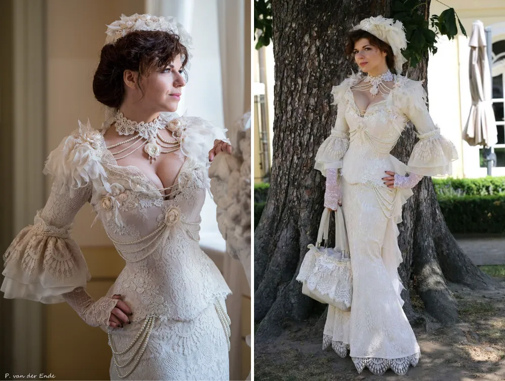 Victorian vintage white wedding satin dress