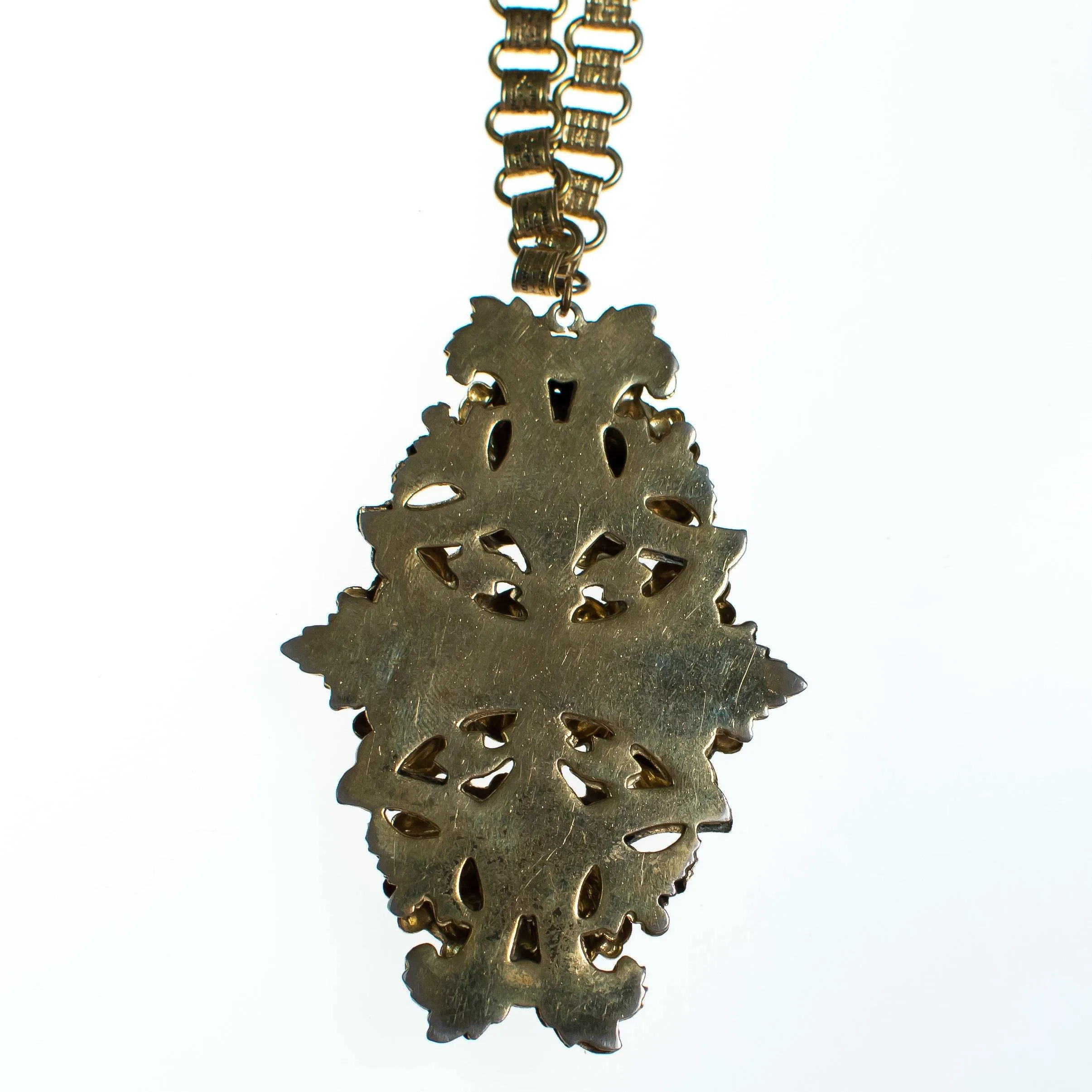Vintage 1940s Repousse Gold Floral Pendant Neckalce with Book Chain