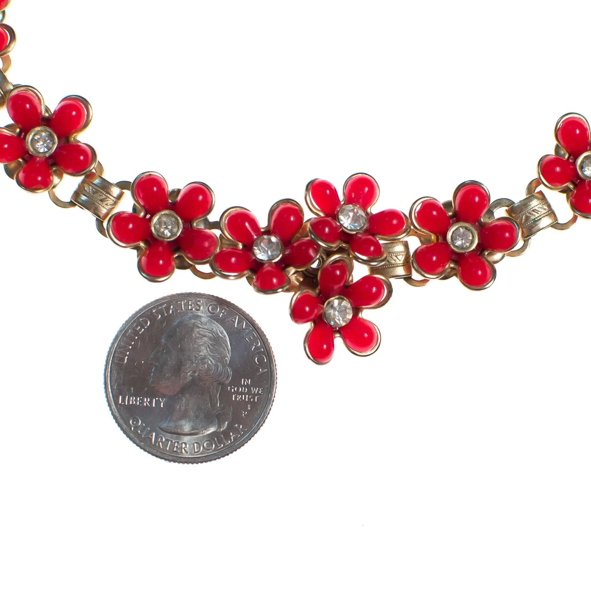 Vintage 1950s Red Daisy with Rhinestones Thermoset Choker Necklace