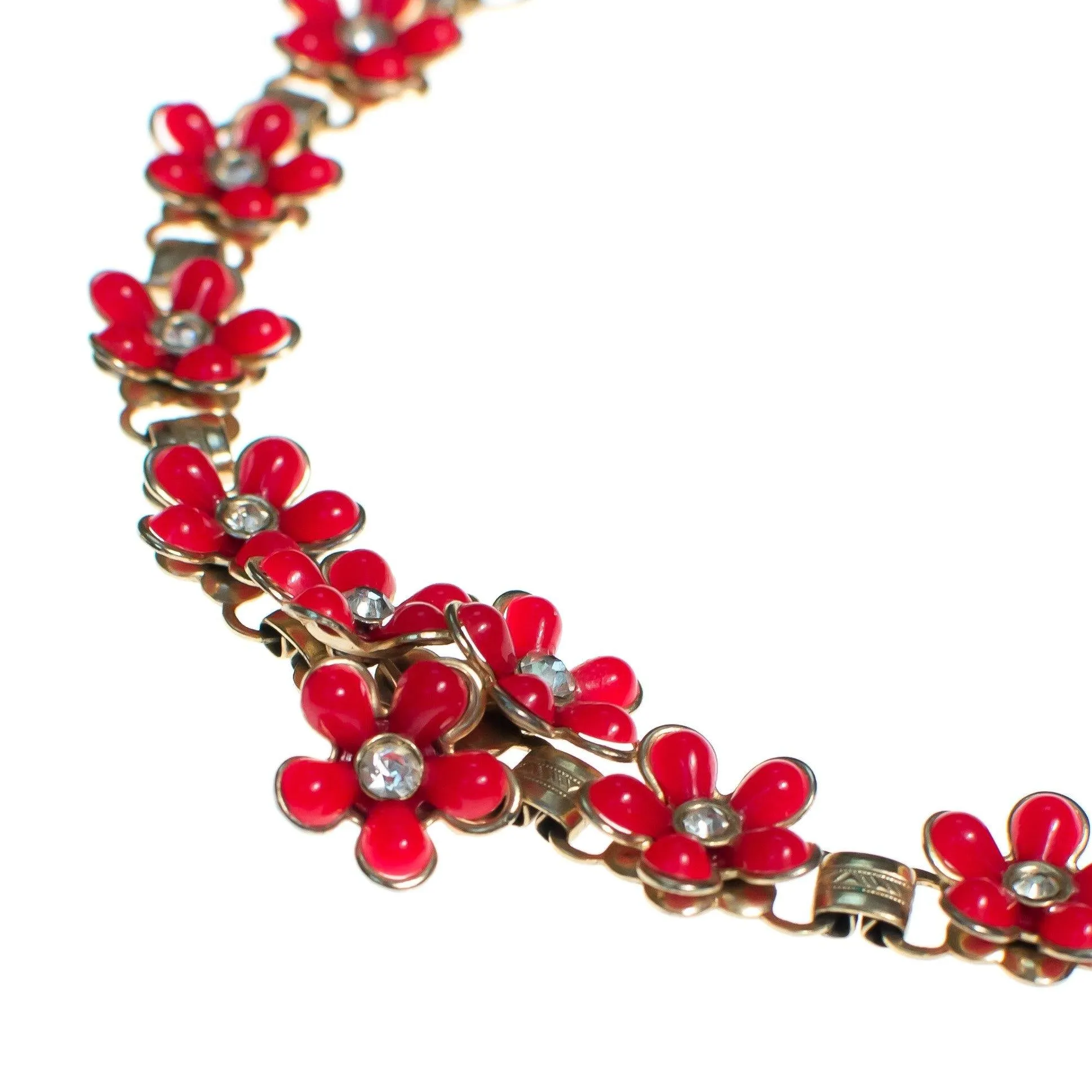 Vintage 1950s Red Daisy with Rhinestones Thermoset Choker Necklace