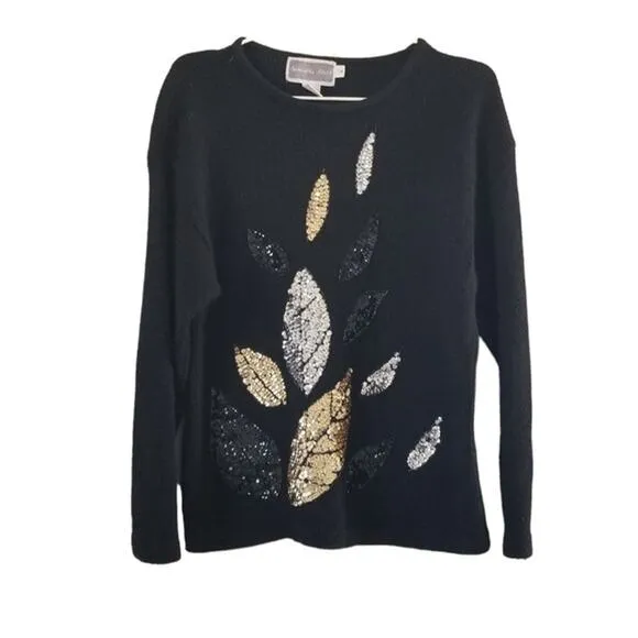 Vintage 80s Samantha Starr Black Sequin Leaf Silk Sweater size MEDIUM
