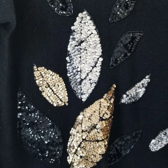 Vintage 80s Samantha Starr Black Sequin Leaf Silk Sweater size MEDIUM