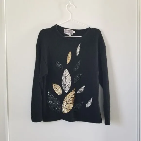 Vintage 80s Samantha Starr Black Sequin Leaf Silk Sweater size MEDIUM