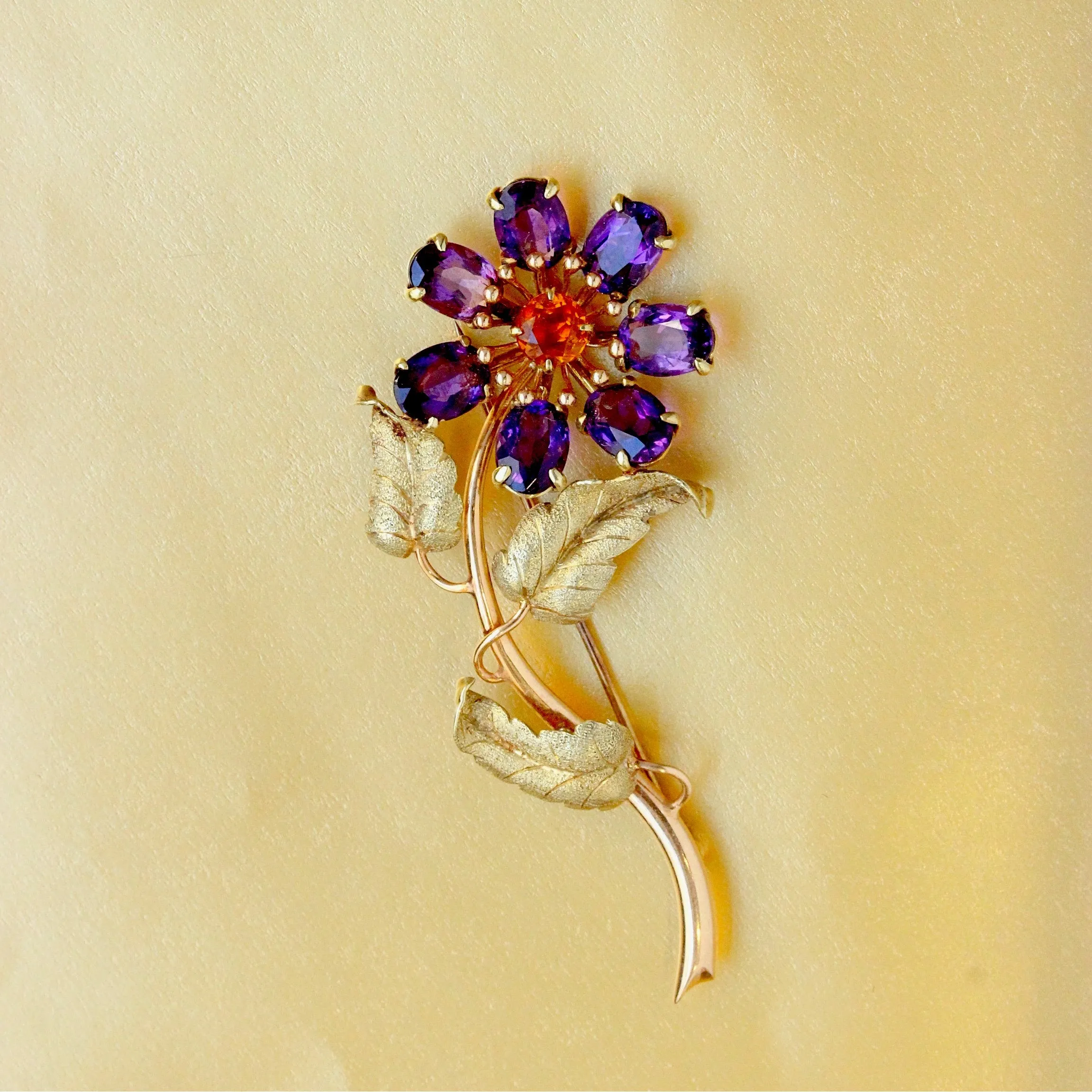 Vintage Amethyst & Citrine Flower Pin, 14k
