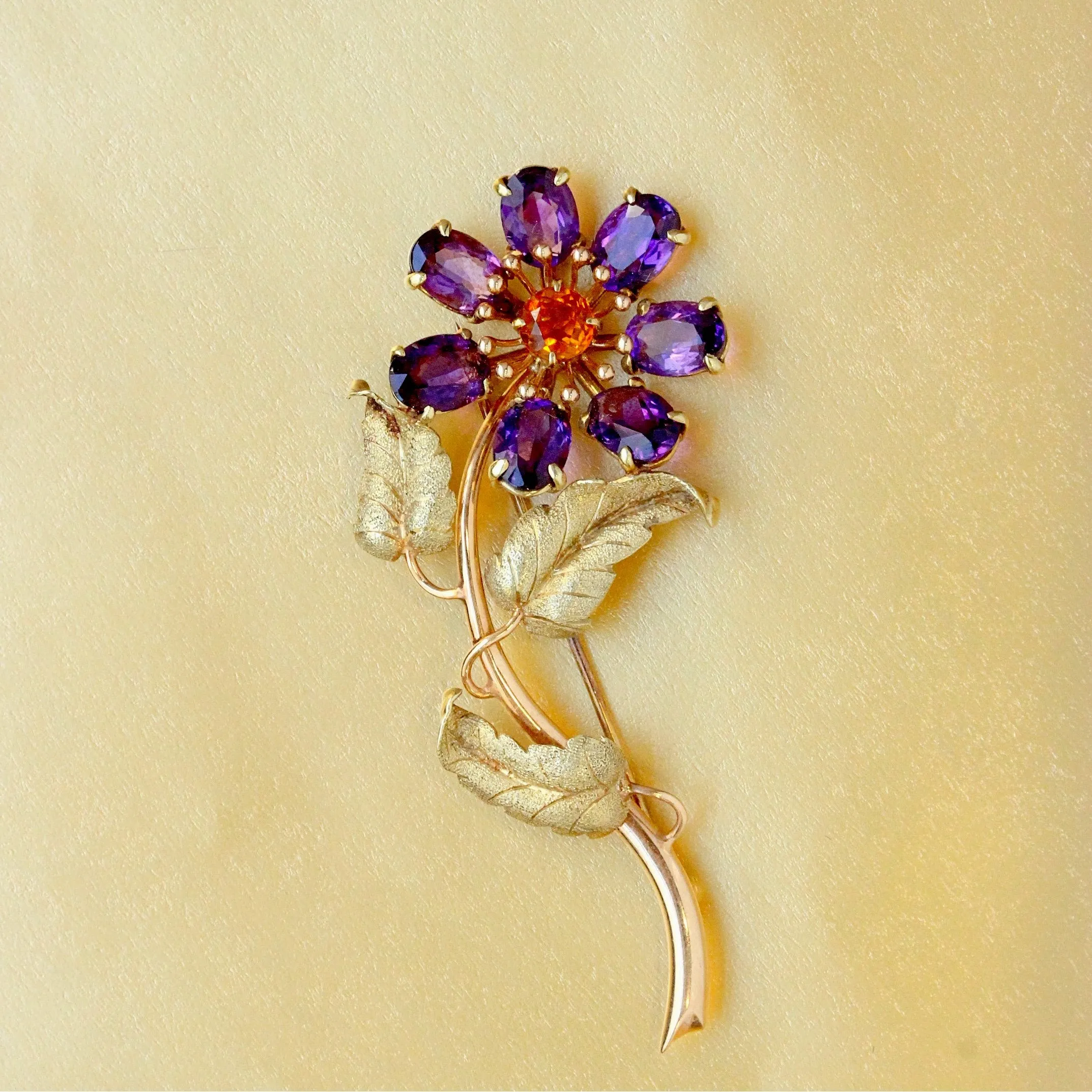 Vintage Amethyst & Citrine Flower Pin, 14k