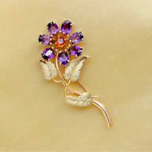 Vintage Amethyst & Citrine Flower Pin, 14k
