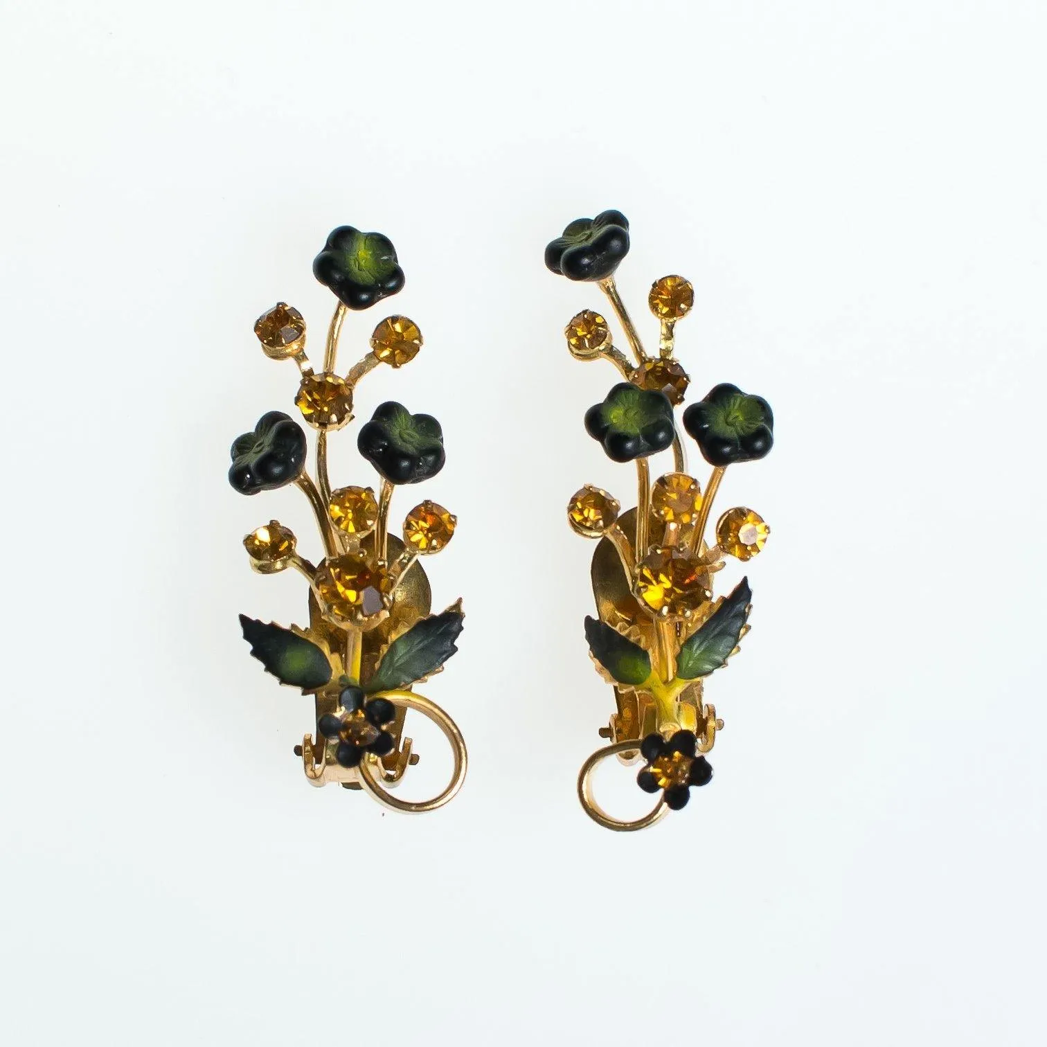 Vintage Austrian Floral Ear Crawler Statement Earrings, Gold Rhinestones, Gold Tone Setting, Clip-on