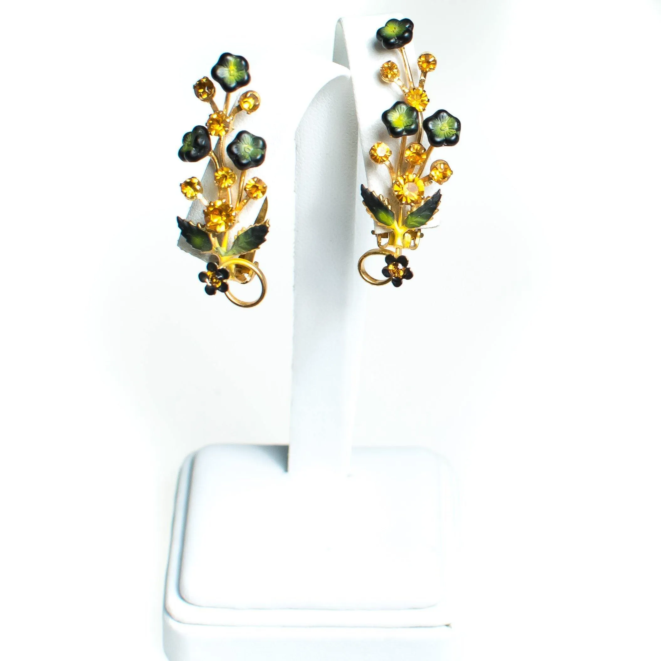 Vintage Austrian Floral Ear Crawler Statement Earrings, Gold Rhinestones, Gold Tone Setting, Clip-on