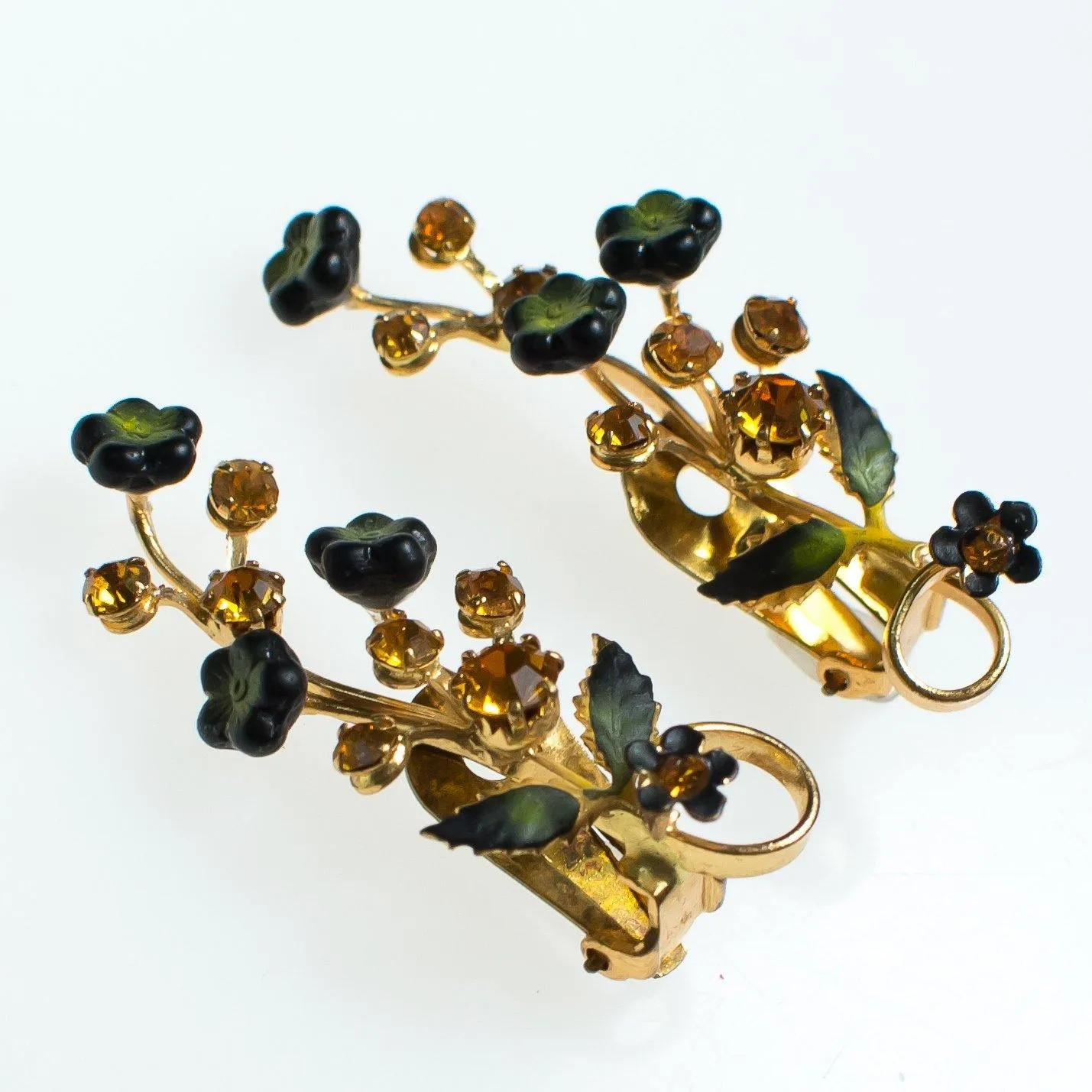 Vintage Austrian Floral Ear Crawler Statement Earrings, Gold Rhinestones, Gold Tone Setting, Clip-on