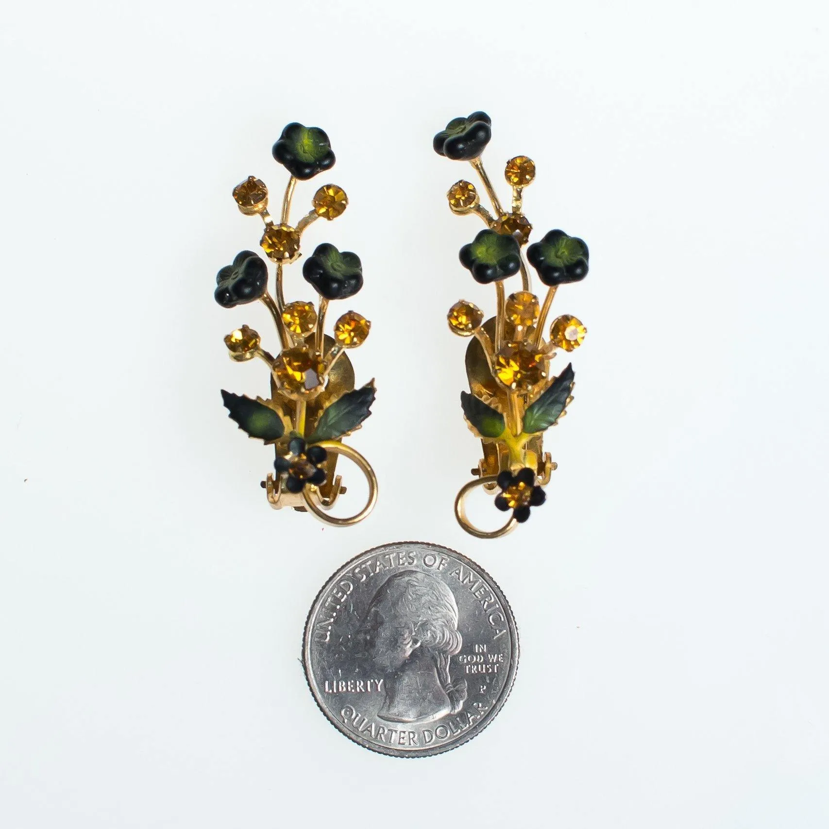 Vintage Austrian Floral Ear Crawler Statement Earrings, Gold Rhinestones, Gold Tone Setting, Clip-on