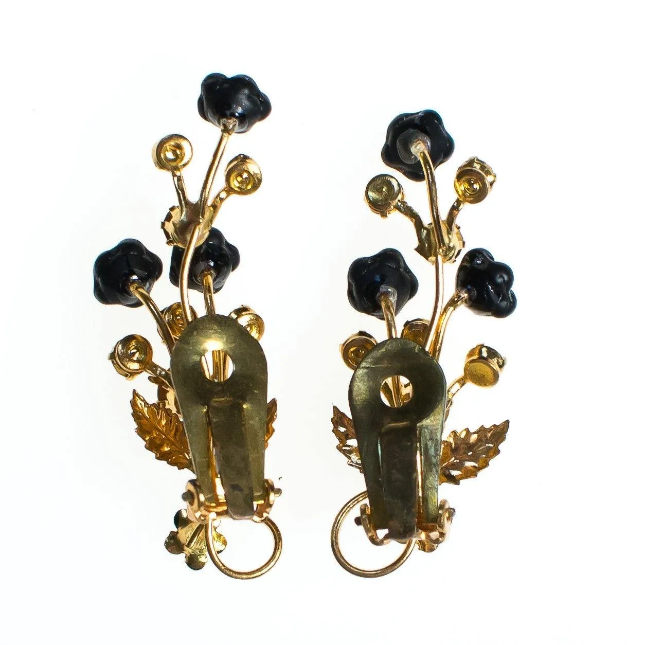 Vintage Austrian Floral Ear Crawler Statement Earrings, Gold Rhinestones, Gold Tone Setting, Clip-on