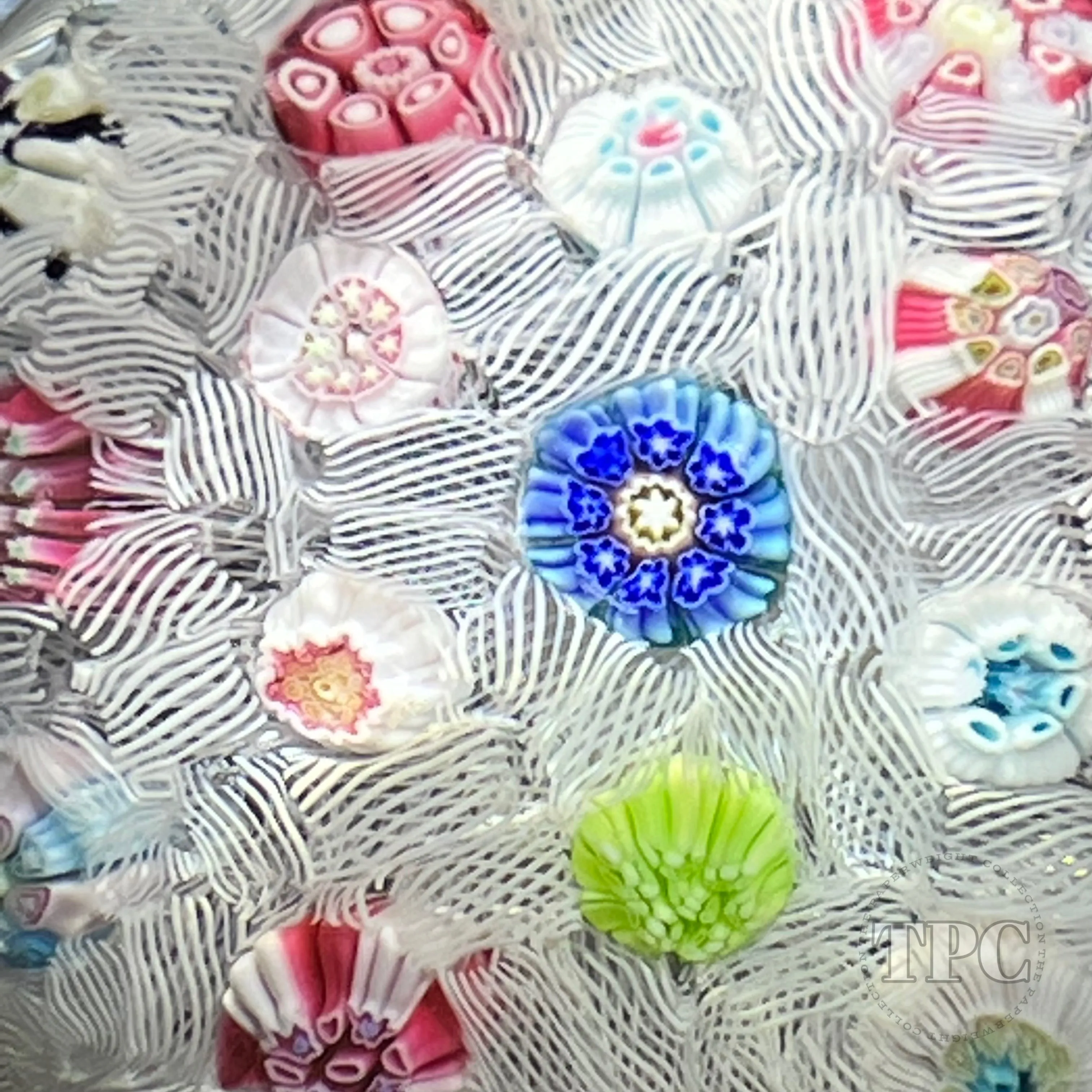 Vintage Baccarat Glass Art Paperweight Complex Spaced Millefiori on White Upset Muslin Lace
