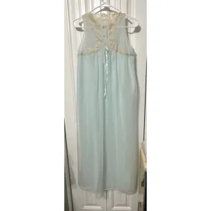 Vintage Blue Nightgown Button Neck Lace Applique Sleeveless Midi Length 2 Layer